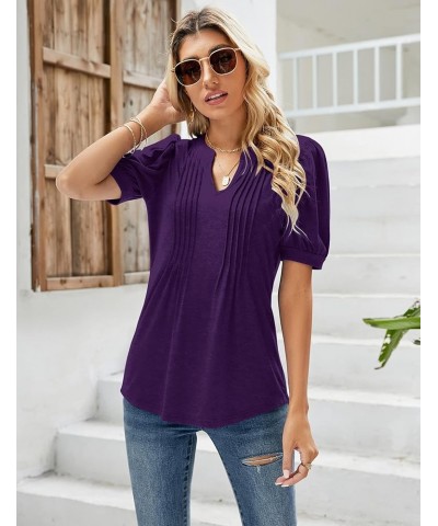 Womens V Neck Puff Short Sleeve Pleated T Shirts Fashion Summer Tops Casual Tunic Blouse Purple $14.24 Tops