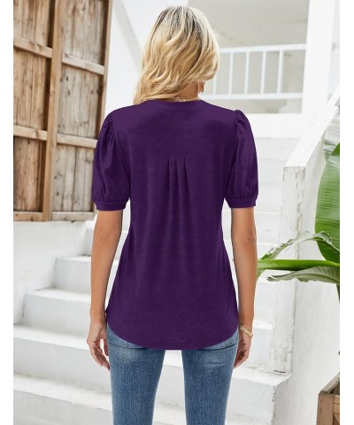 Womens V Neck Puff Short Sleeve Pleated T Shirts Fashion Summer Tops Casual Tunic Blouse Purple $14.24 Tops