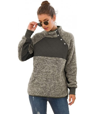 Women's Long Sleeves Quilt Coat Turtleneck Oblique Button Neck Fleece Pullover Coat Sweatshirts Outwear with Pocket Grey Gree...