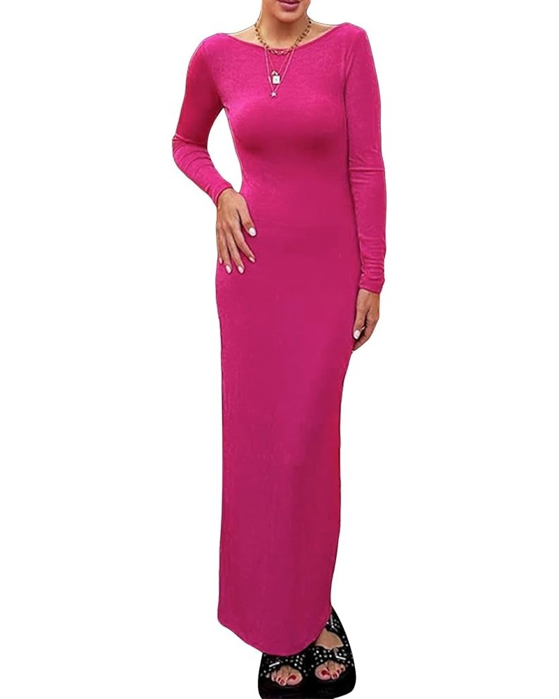 Women Y2k Fall Crochet Knit Dress Long Sleeve Solid Ribbed Maxi Dress Slim Fit Going Out Casual Long Dress Rose Red $10.82 Dr...