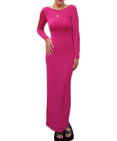 Women Y2k Fall Crochet Knit Dress Long Sleeve Solid Ribbed Maxi Dress Slim Fit Going Out Casual Long Dress Rose Red $10.82 Dr...