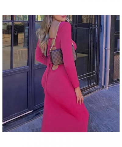 Women Y2k Fall Crochet Knit Dress Long Sleeve Solid Ribbed Maxi Dress Slim Fit Going Out Casual Long Dress Rose Red $10.82 Dr...