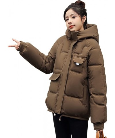 Women's Winter Thickened Puffer Down Coat Warm Hooded Puffer Jacket Waterproof Lightweight Parka with Pockets Brown $13.92 Ja...