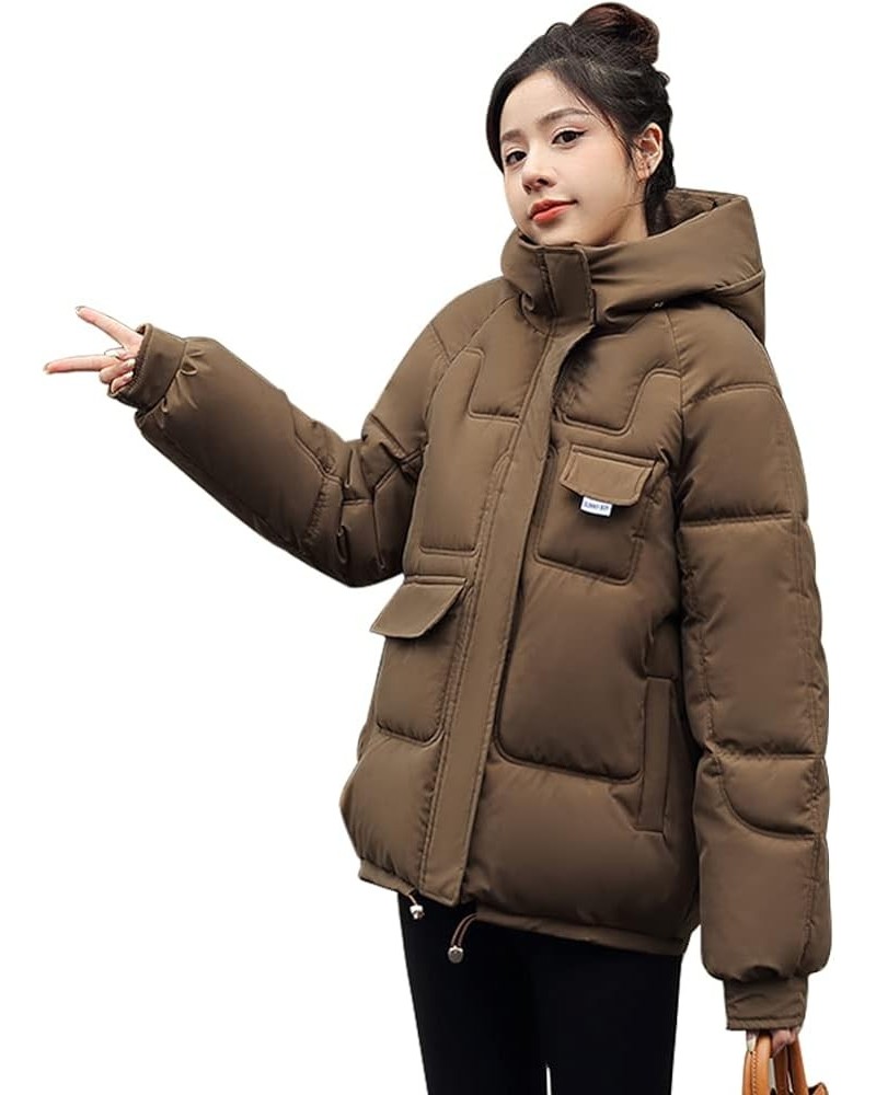 Women's Winter Thickened Puffer Down Coat Warm Hooded Puffer Jacket Waterproof Lightweight Parka with Pockets Brown $13.92 Ja...