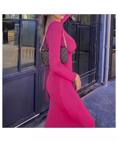 Women Y2k Fall Crochet Knit Dress Long Sleeve Solid Ribbed Maxi Dress Slim Fit Going Out Casual Long Dress Rose Red $10.82 Dr...