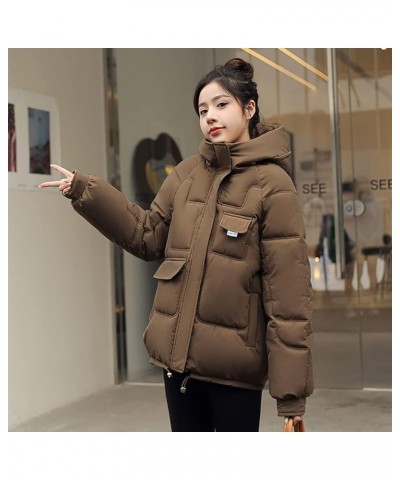 Women's Winter Thickened Puffer Down Coat Warm Hooded Puffer Jacket Waterproof Lightweight Parka with Pockets Brown $13.92 Ja...