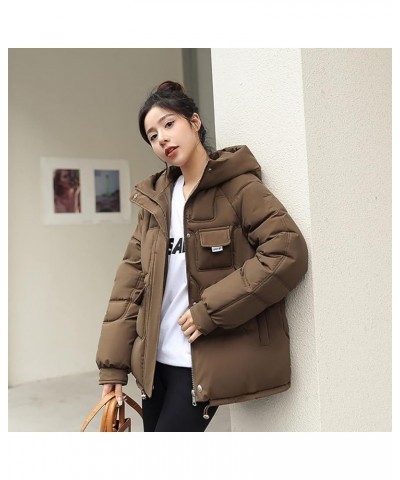 Women's Winter Thickened Puffer Down Coat Warm Hooded Puffer Jacket Waterproof Lightweight Parka with Pockets Brown $13.92 Ja...