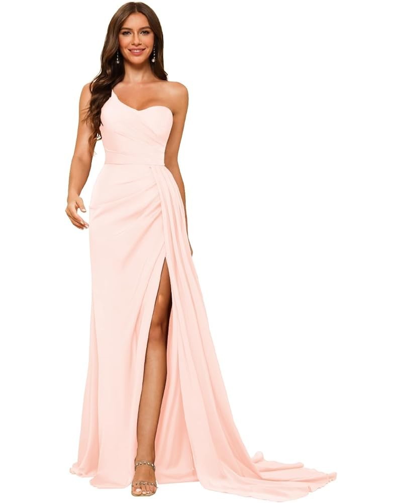 One Shoulder Satin Prom Dresses Long Mermaid Formal Evening Gowns DI80 Light Pink $31.61 Dresses