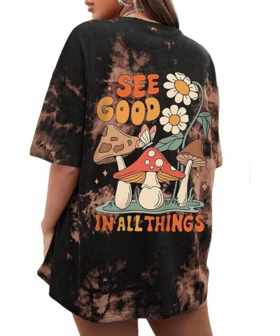 Women's Letter Mushroom Shirt Oversized Graphic Tee Crewneck Short Sleeve Loose T Shirt Top See Good Dyebrown $12.31 Tops