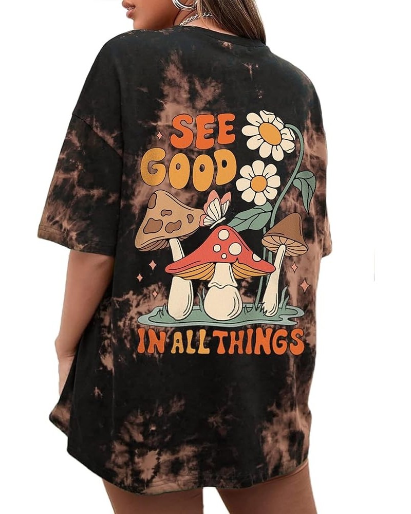 Women's Letter Mushroom Shirt Oversized Graphic Tee Crewneck Short Sleeve Loose T Shirt Top See Good Dyebrown $12.31 Tops