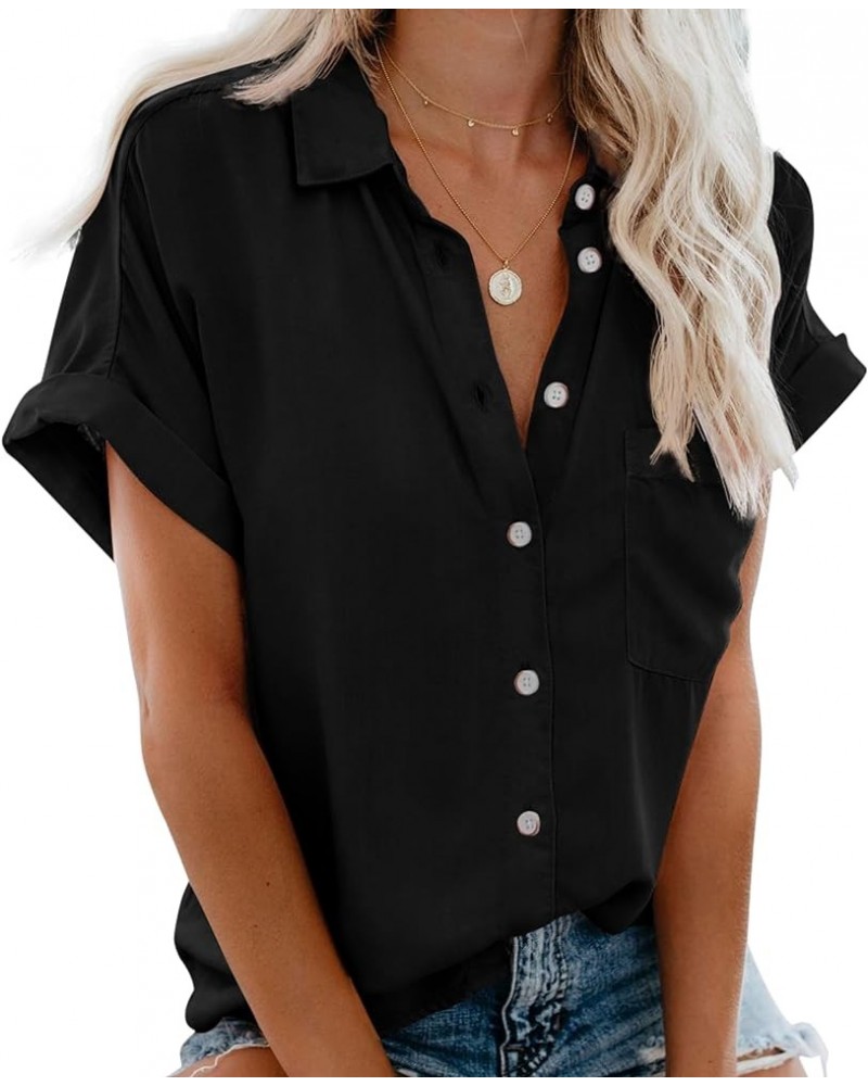 Womens Short Sleeve Shirt Cotton Button Down Shirts for Women Summer Loose Casual Blouses Tops with Pockets Ksh_black $18.00 ...