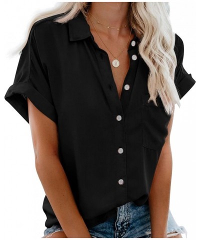 Womens Short Sleeve Shirt Cotton Button Down Shirts for Women Summer Loose Casual Blouses Tops with Pockets Ksh_black $18.00 ...