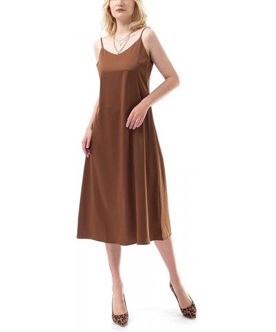 Women's Sleeveless Spaghetti Strap Draped Silk-Satin Camisole Midi Dress Brown $18.71 Dresses