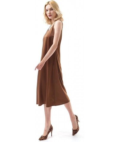 Women's Sleeveless Spaghetti Strap Draped Silk-Satin Camisole Midi Dress Brown $18.71 Dresses