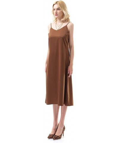 Women's Sleeveless Spaghetti Strap Draped Silk-Satin Camisole Midi Dress Brown $18.71 Dresses