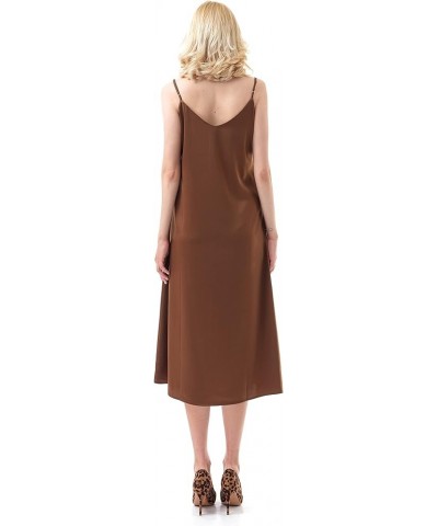 Women's Sleeveless Spaghetti Strap Draped Silk-Satin Camisole Midi Dress Brown $18.71 Dresses