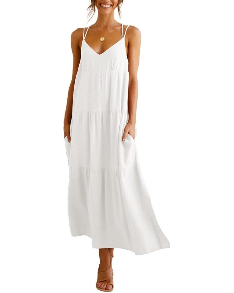 Women’s Summer Maxi Dress Casaul Spaghetti Straps Solid V-Neck Backless Cami Dresses with Two Pockets White $17.16 Dresses