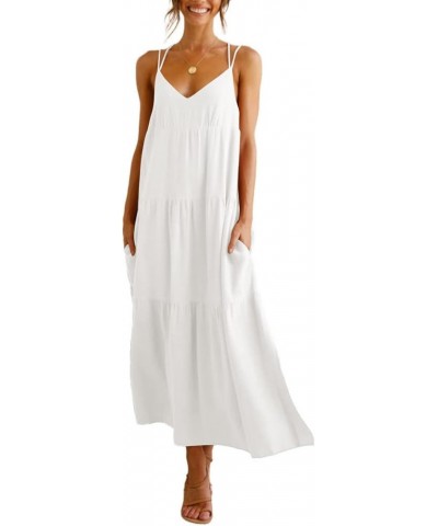 Women’s Summer Maxi Dress Casaul Spaghetti Straps Solid V-Neck Backless Cami Dresses with Two Pockets White $17.16 Dresses