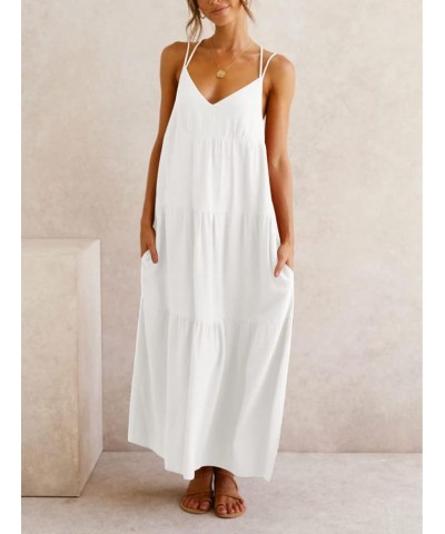 Women’s Summer Maxi Dress Casaul Spaghetti Straps Solid V-Neck Backless Cami Dresses with Two Pockets White $17.16 Dresses