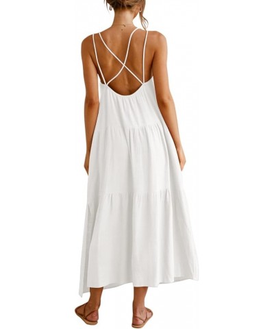 Women’s Summer Maxi Dress Casaul Spaghetti Straps Solid V-Neck Backless Cami Dresses with Two Pockets White $17.16 Dresses