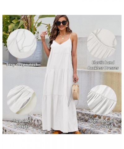 Women’s Summer Maxi Dress Casaul Spaghetti Straps Solid V-Neck Backless Cami Dresses with Two Pockets White $17.16 Dresses