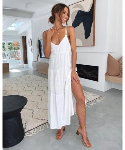 Women’s Summer Maxi Dress Casaul Spaghetti Straps Solid V-Neck Backless Cami Dresses with Two Pockets White $17.16 Dresses