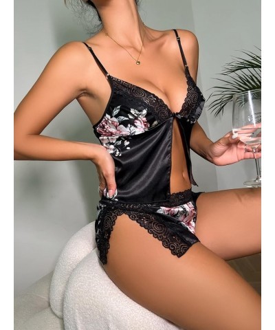 Lingerie for Women Floral Print Contrast Lace Satin Lingerie Set Sleep & Lounge (Color : White, Size : X-Large) Large Black $...