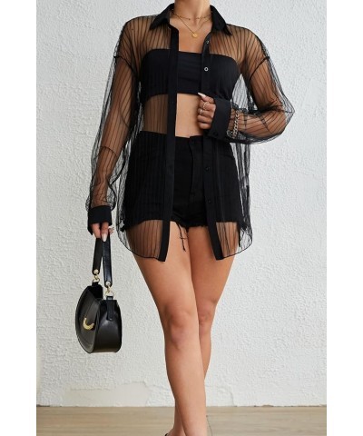 Women's Striped Mesh Sheer Button Up Shirt Long Sleeve Drop Shoulder Blouse Top Black $14.88 Blouses