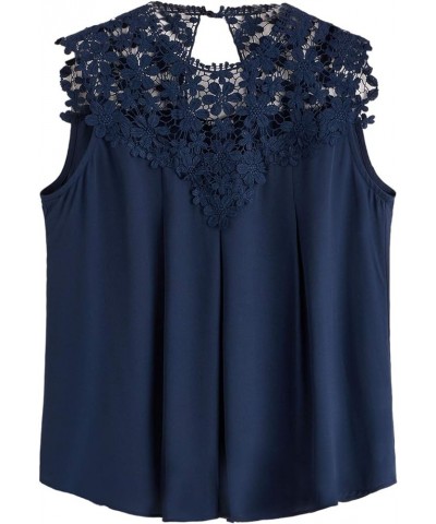 Women's Lace Neckline Sleeveless Chiffon Blouse Top Navy Plus $11.20 Blouses