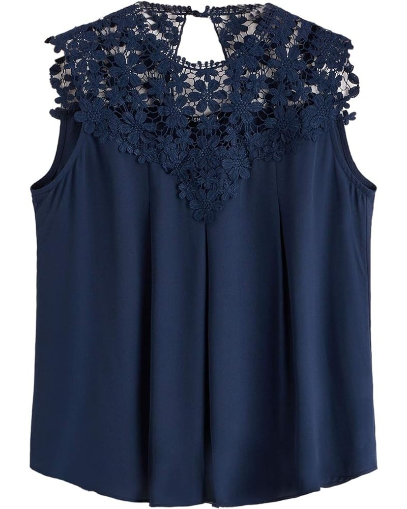 Women's Lace Neckline Sleeveless Chiffon Blouse Top Navy Plus $11.20 Blouses