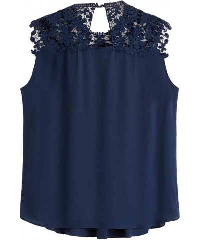 Women's Lace Neckline Sleeveless Chiffon Blouse Top Navy Plus $11.20 Blouses