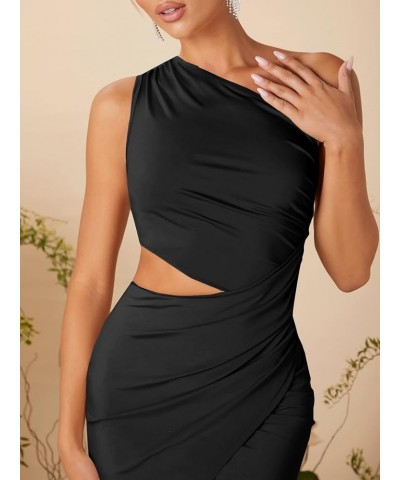 Women's One Shoulder Cut Out Ruched Sleeveless Wrap Cocktail Party Bodycon Dress Black $18.33 Dresses