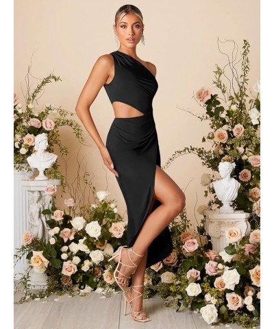 Women's One Shoulder Cut Out Ruched Sleeveless Wrap Cocktail Party Bodycon Dress Black $18.33 Dresses