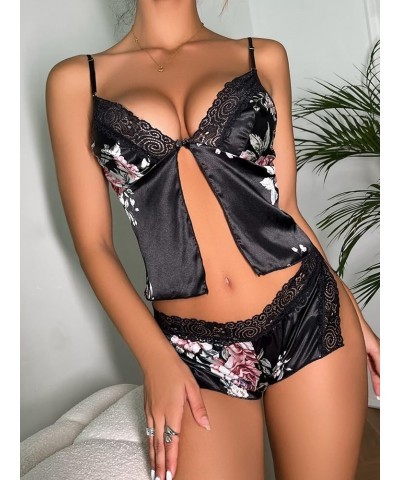 Lingerie for Women Floral Print Contrast Lace Satin Lingerie Set Sleep & Lounge (Color : White, Size : X-Large) Large Black $...