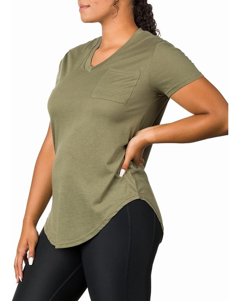 Plus Size Womens V Neck Collar T Shirt | Summer Top with Chest Pocket Army Green $12.64 Tops