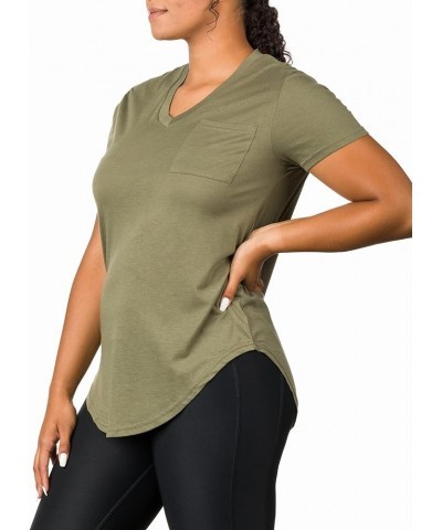 Plus Size Womens V Neck Collar T Shirt | Summer Top with Chest Pocket Army Green $12.64 Tops