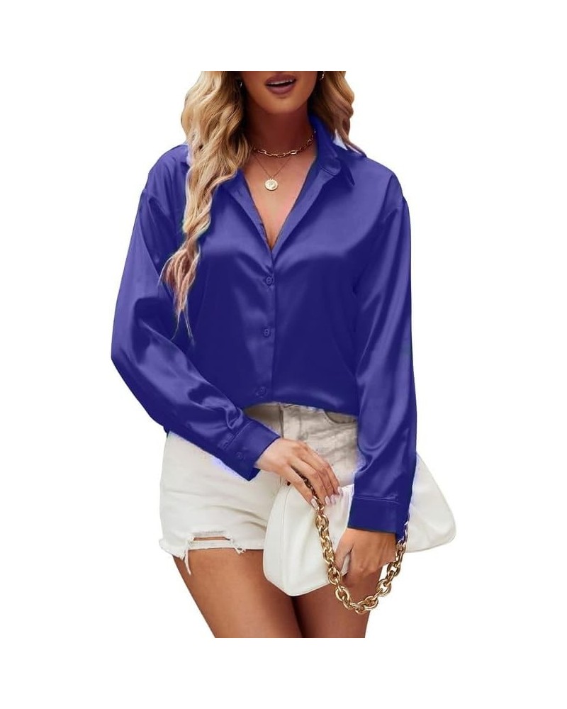 Satin Silk Button Down Shirts for Women Dress Shirts Long Sleeve Blouses Womens Shirts Royal Blue $14.49 Blouses