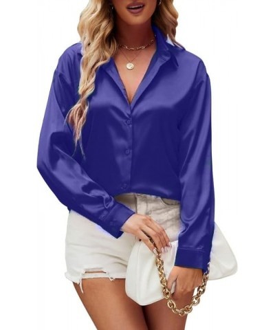 Satin Silk Button Down Shirts for Women Dress Shirts Long Sleeve Blouses Womens Shirts Royal Blue $14.49 Blouses