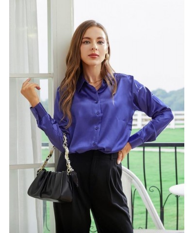 Satin Silk Button Down Shirts for Women Dress Shirts Long Sleeve Blouses Womens Shirts Royal Blue $14.49 Blouses