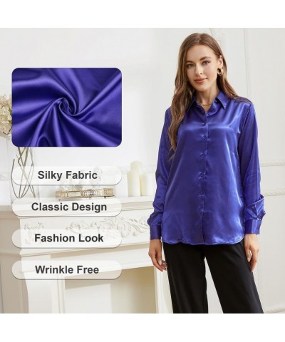 Satin Silk Button Down Shirts for Women Dress Shirts Long Sleeve Blouses Womens Shirts Royal Blue $14.49 Blouses