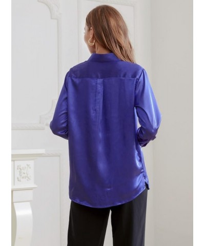 Satin Silk Button Down Shirts for Women Dress Shirts Long Sleeve Blouses Womens Shirts Royal Blue $14.49 Blouses