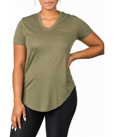 Plus Size Womens V Neck Collar T Shirt | Summer Top with Chest Pocket Army Green $12.64 Tops