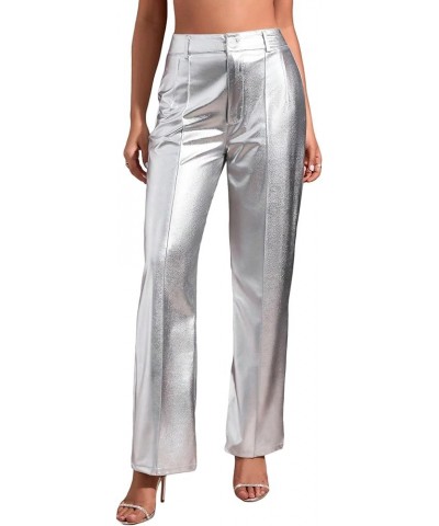 Women's Metallic High Waisted Button Loose Wide Straight Leg Pants with Pocket Silver $16.34 Pants