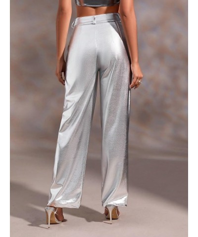 Women's Metallic High Waisted Button Loose Wide Straight Leg Pants with Pocket Silver $16.34 Pants