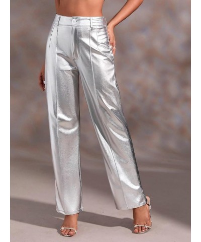 Women's Metallic High Waisted Button Loose Wide Straight Leg Pants with Pocket Silver $16.34 Pants