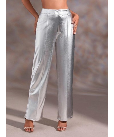 Women's Metallic High Waisted Button Loose Wide Straight Leg Pants with Pocket Silver $16.34 Pants