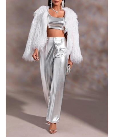 Women's Metallic High Waisted Button Loose Wide Straight Leg Pants with Pocket Silver $16.34 Pants