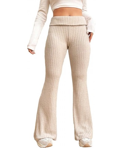 Women's Casual Ribbed Knit Elastic Waist Bell Bottom Flare Leg Pants Apricot $18.14 Pants