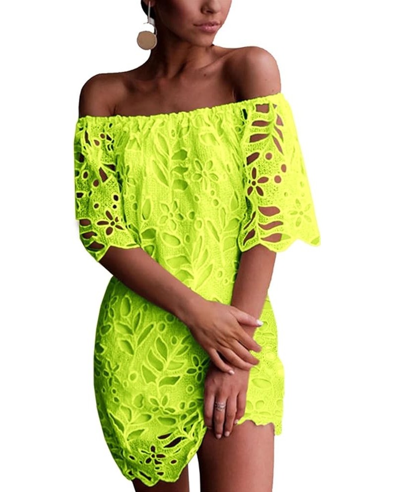 Women's Summer Off Shoulder Vintage Floral Lace Flare Short Sleeve Loose Elegant Mini Dress Fluorescent Green $26.45 Dresses