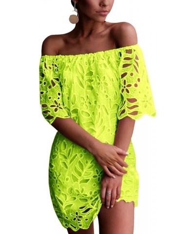 Women's Summer Off Shoulder Vintage Floral Lace Flare Short Sleeve Loose Elegant Mini Dress Fluorescent Green $26.45 Dresses